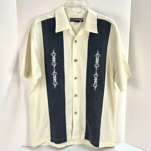 Ivy Crew Camp Shirt Mens M Cream Black Embroidered Wide Stripe